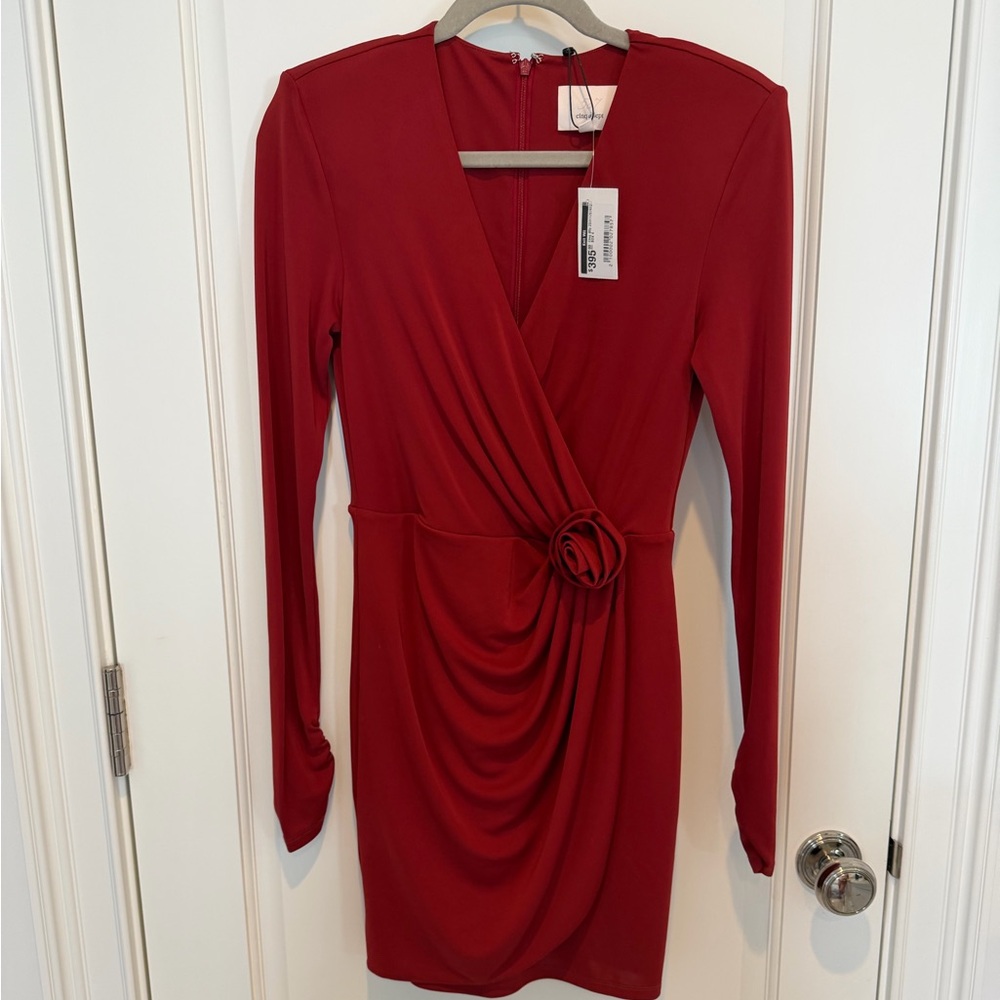 cinq a sept Red Long-Sleeve Wrap Dress with Rosette Detail Sz 4!!
